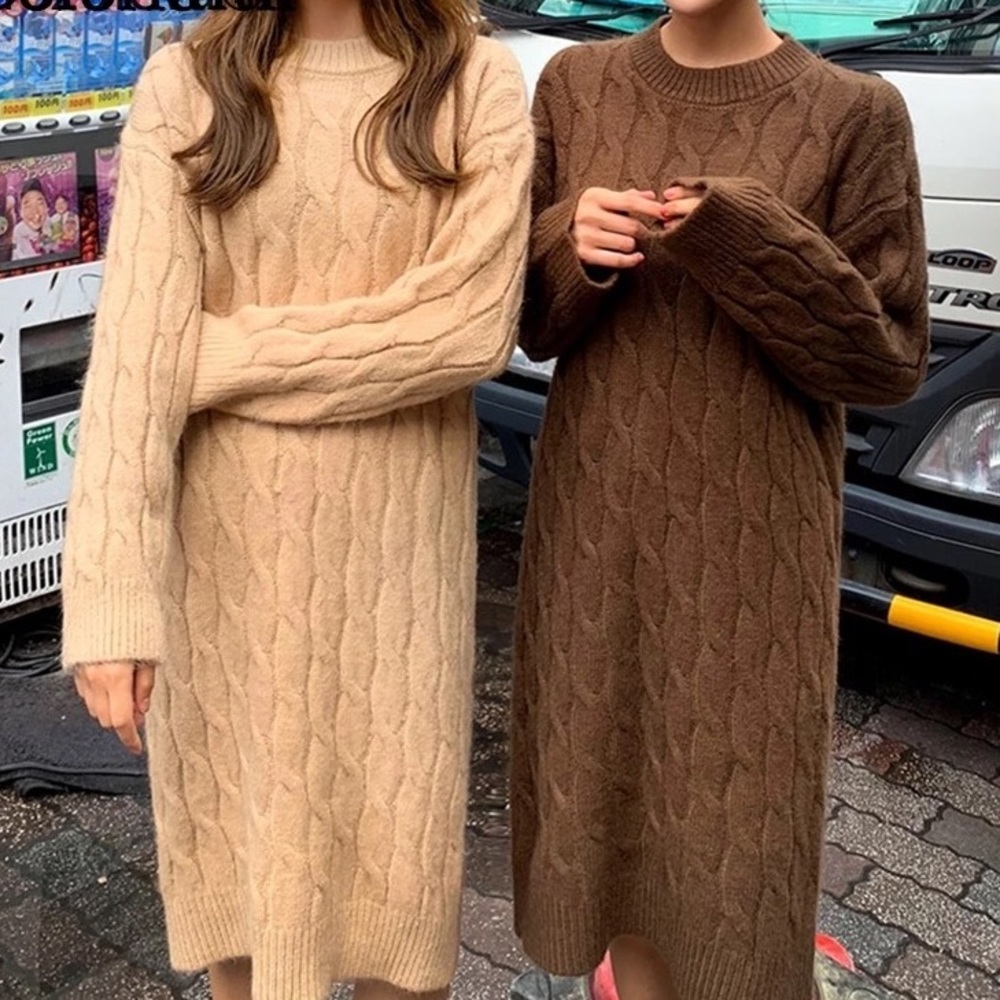 Sweater dress cable knit womens khaki beige cream - Picture 2 of 4